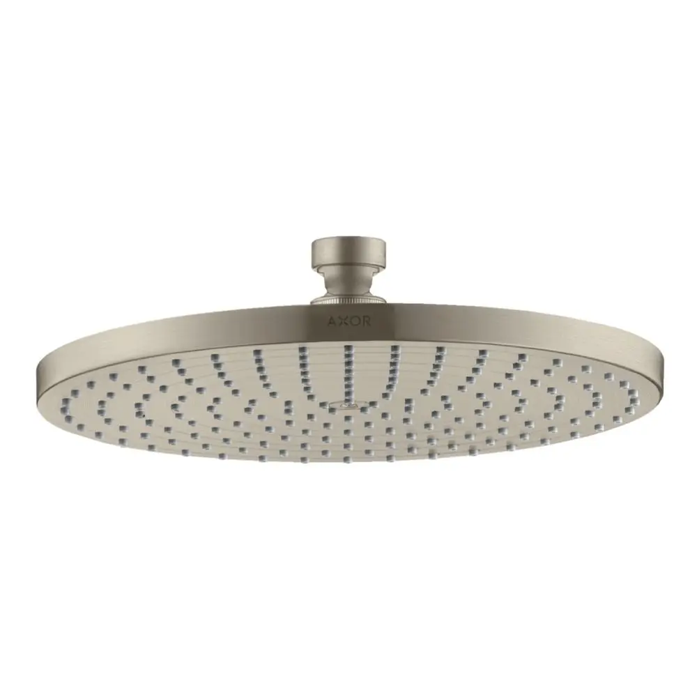 Große runde Kopfbrause in gebürstetem Nickel-Finish mit zahlreichen Wasserstrahlöffnungen, hergestellt von AXOR.